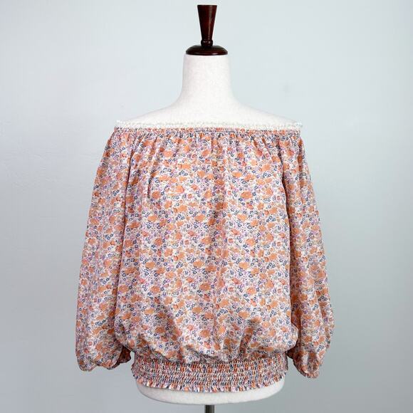 Moda International 100% Silk Floral lace Trim Peasant Top - Picture 6 of 7